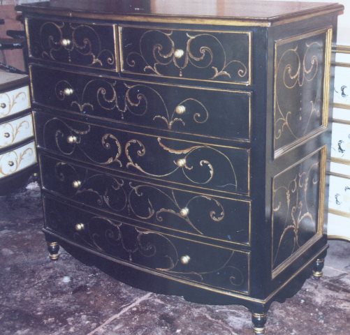 Tuscan bedroom furniture, black bow dresser with gold scrolls
