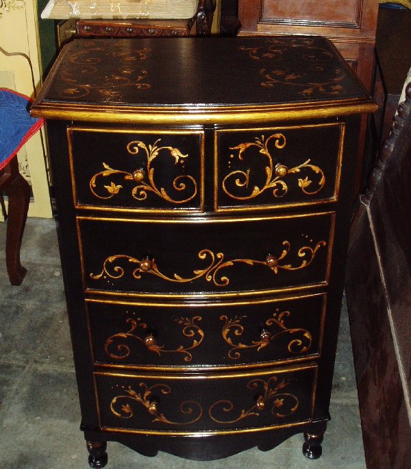 Tuscan bedroom furniture, black bow chest with gold scrolls