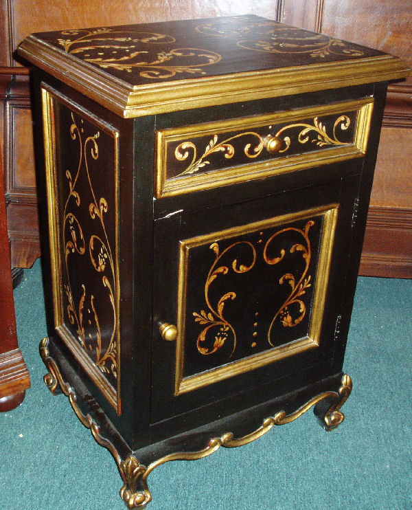 hand painted nightstand in black with scrolls