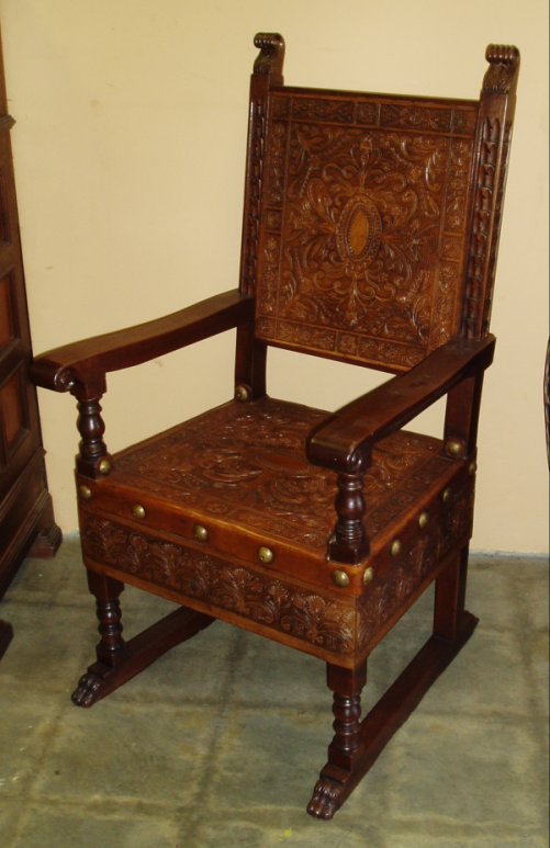 Reproduction Renaissance Period Hand Tooled Leather armchair, Italian Revival chair