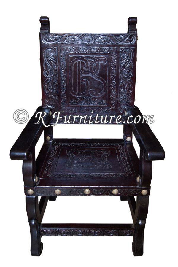 Italian Revival chair, Hand Tooled Leather Chairs