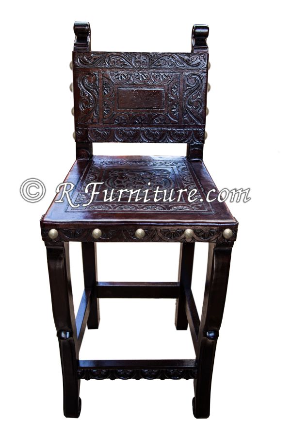 Italian Revival bar chair, Hand Tooled Leather Chairs
