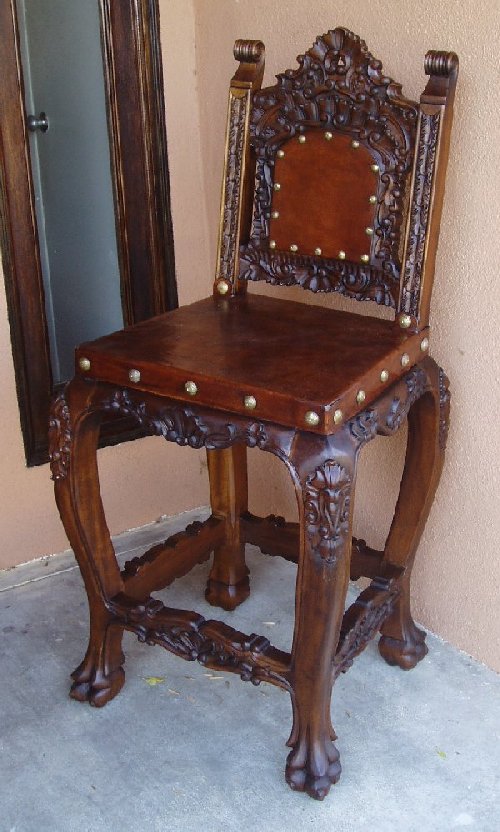Isabellina bar chair with hand tooled leather, hand carved wood