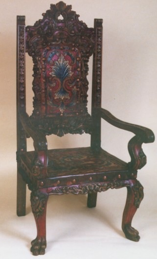 Isabellina Armchair with hand tooled leather, hand carved wood and polychrome finish